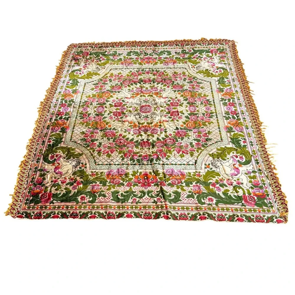 Tapestry‎ Throw Blanket Unisex Multi Vintage Cherub Floral Italy 75x95